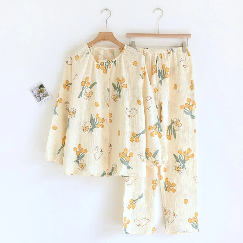 Tulpen- und Hasen-Pyjama-Set aus Baumwollgaze