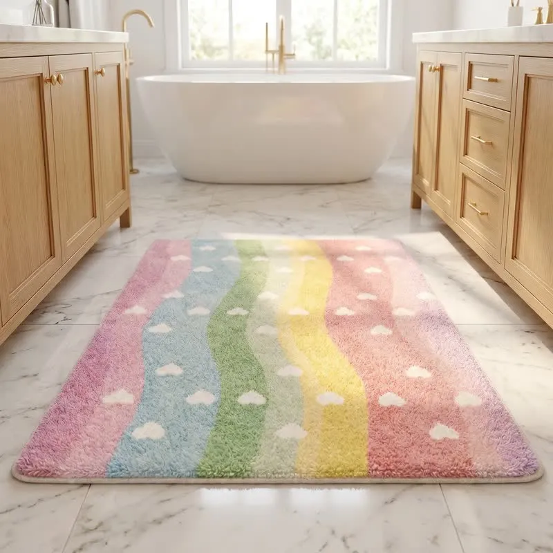Regenbogenherz-Badezimmerteppich aus Kunstfell, rutschfest