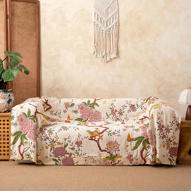 Landhaus-Sofadecke aus Baumwollgaze mit Blumenmuster und Vogelmotiven