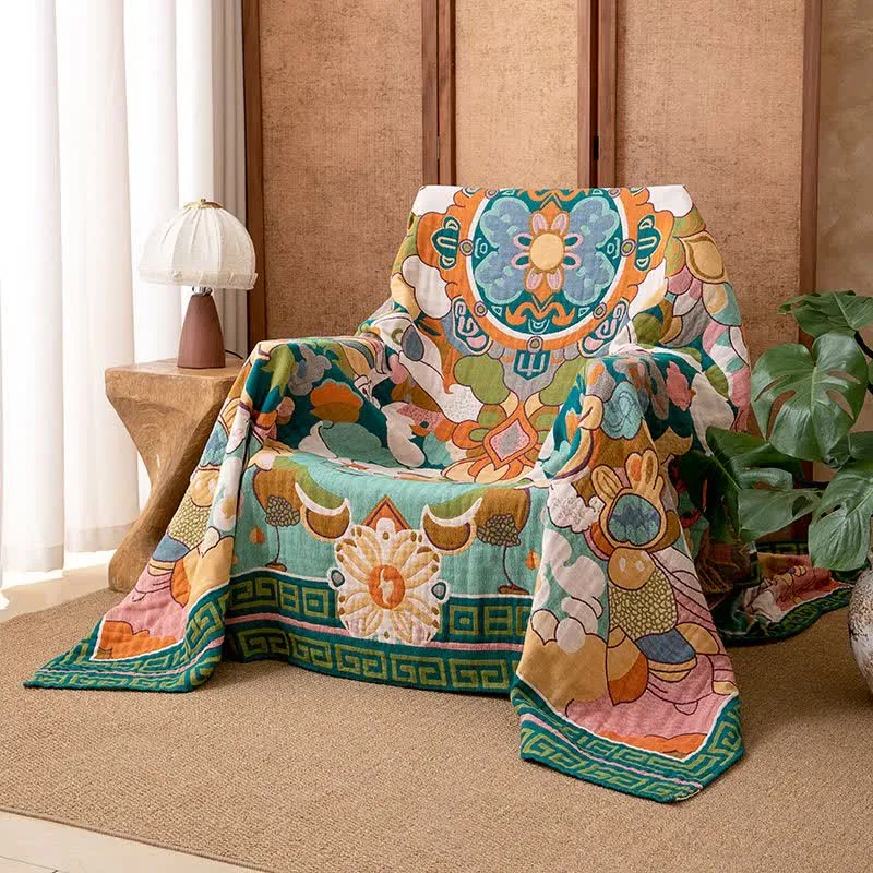 Retro-Kunst-Blumenmuster-Sofadecke aus Baumwollgaze