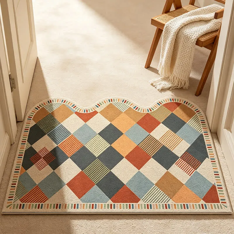 Retro-Patchwork-Teppich mit Wellenkante