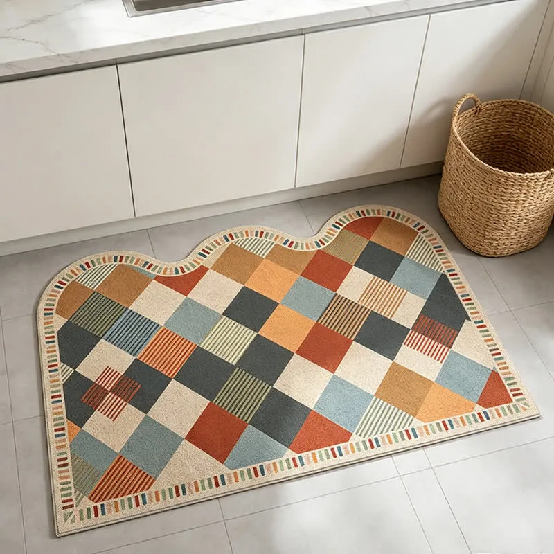 Retro-Patchwork-Teppich mit Wellenkante
