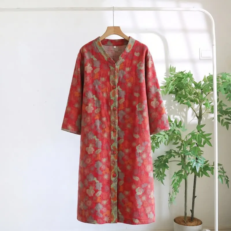 Vintage-Loungekleid aus Baumwollgaze mit Blumenmuster