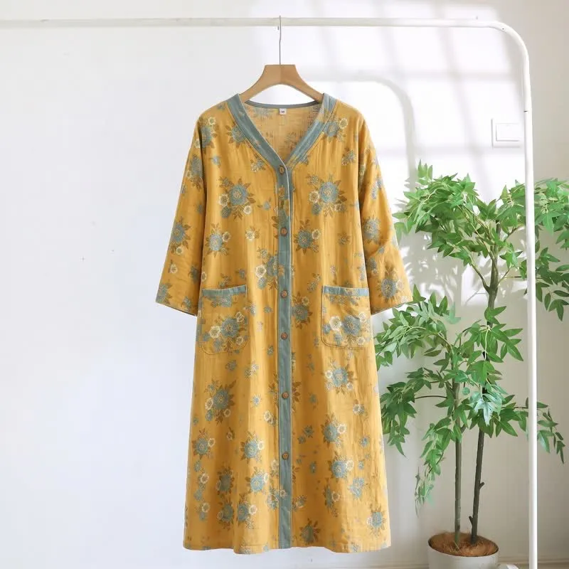 Gelbes Baumwoll-Loungedress mit Blumenmuster