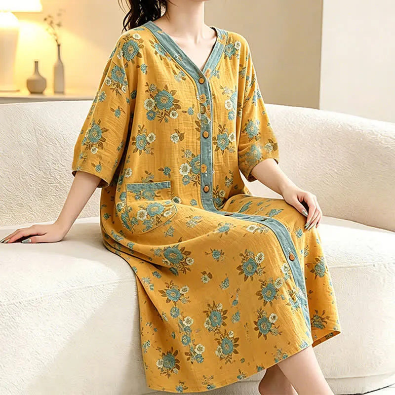 Gelbes Baumwoll-Loungedress mit Blumenmuster