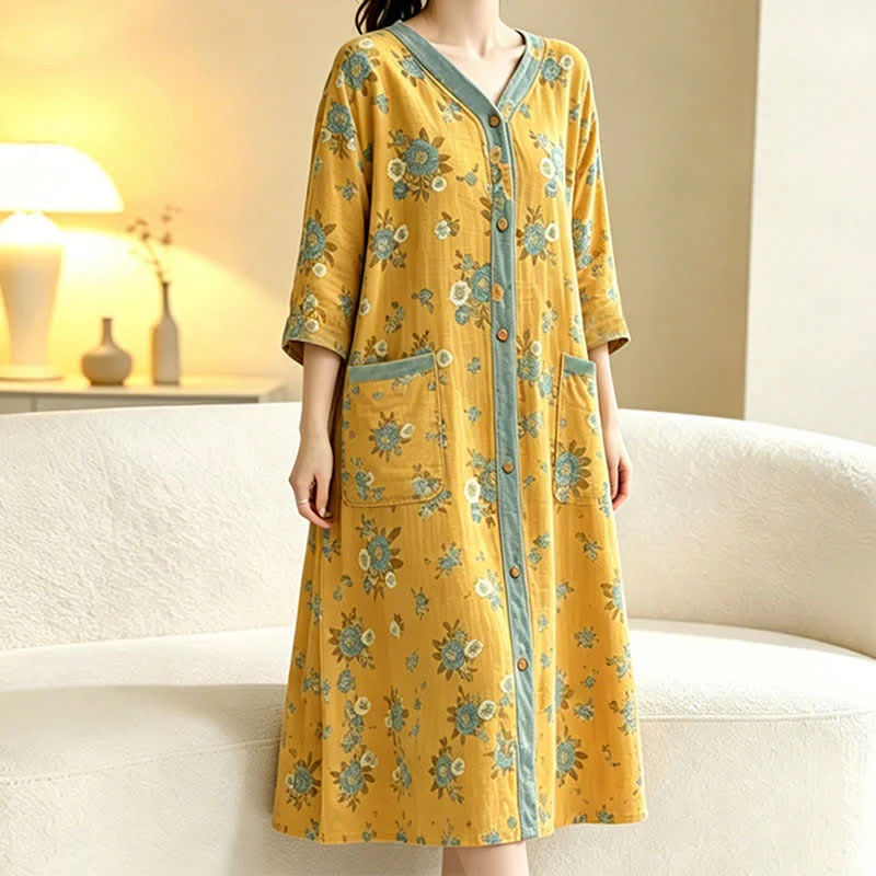 Gelbes Baumwoll-Loungedress mit Blumenmuster
