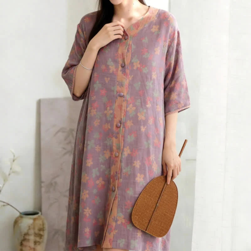 Lila geblümtes Loungekleid aus Baumwollgaze