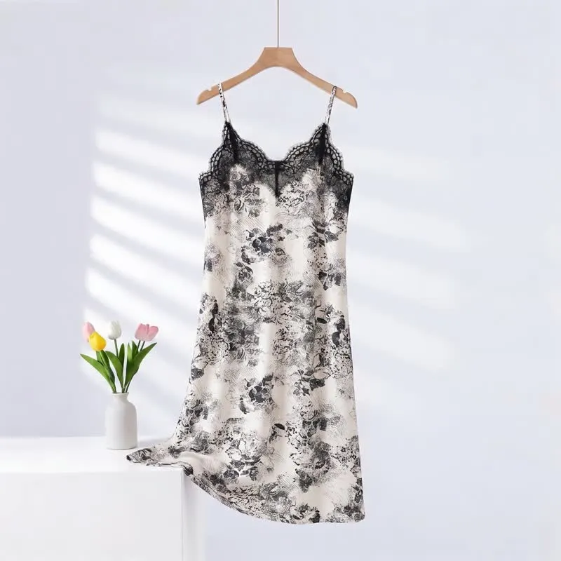 Loungewear-Kleid für Damen mit Blumenmuster und Spitze