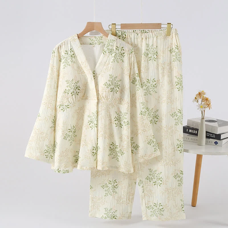 Pyjama-Set aus Baumwollgaze mit botanischem Blattmotiv