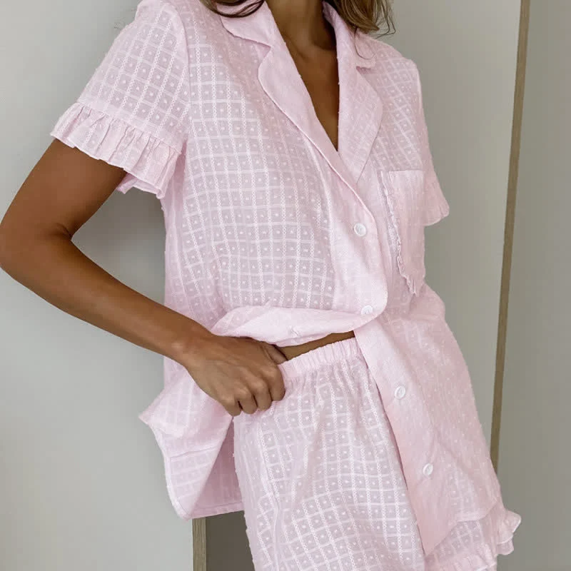 Pyjama-Set aus kariertem Baumwoll-Jacquard mit Rüschen
