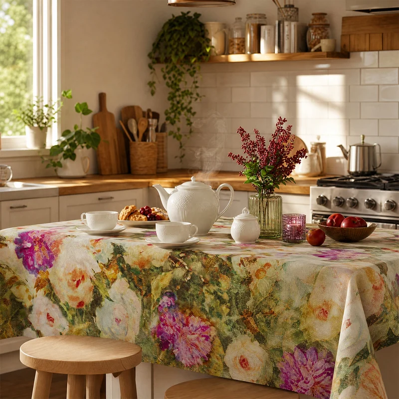 Tischdecke in zartem impressionistischem Rosenmuster