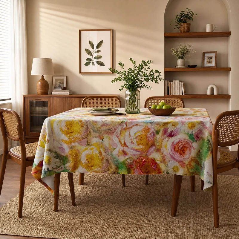Tischdecke mit zartem impressionistischem Rosenmuster