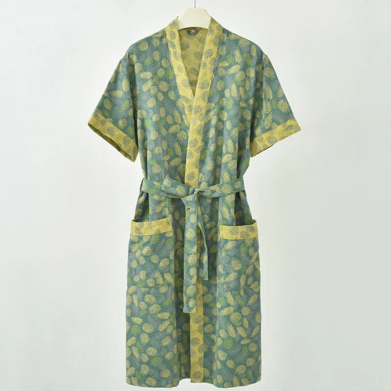 Kimono-Bademantel aus Baumwollgaze mit tropischem Farnmuster