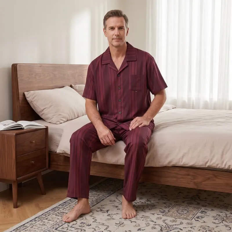 Loungewear-Set aus Baumwolle mit burgunderfarbenen vertikalen Streifen