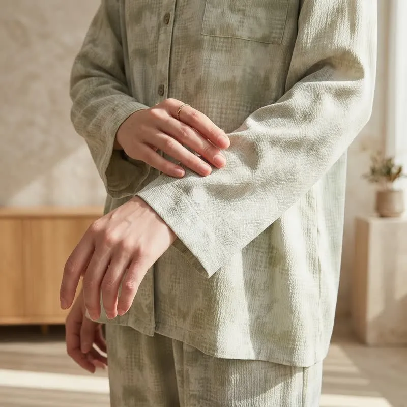 Loungewear-Set mit hellem Blumenmuster und dezentem Vichy-Karo und Knöpfen