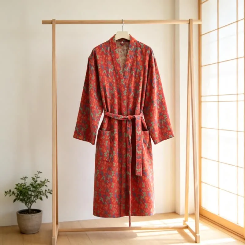 Kimono-Bademantel aus Baumwollgaze mit Schmetterlingsmuster und Jacquardmuster