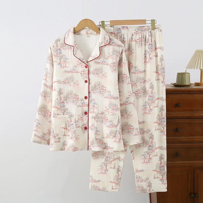 Orientalischer Loungewear-Bekleidung aus Baumwollgaze mit künstlerischem Baummotiv