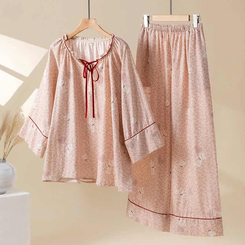 Loungewear-Set aus Baumwolle mit Rüschen und Blumenmuster und Bärenmotiv