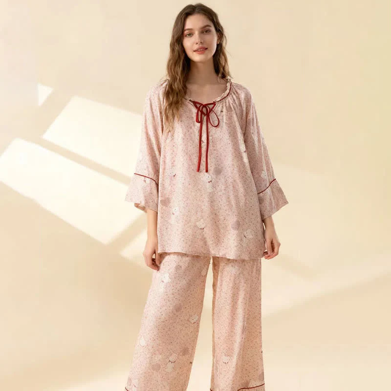 Loungewear-Set aus Baumwolle mit Rüschen und Blumenmuster und Bärenmotiv