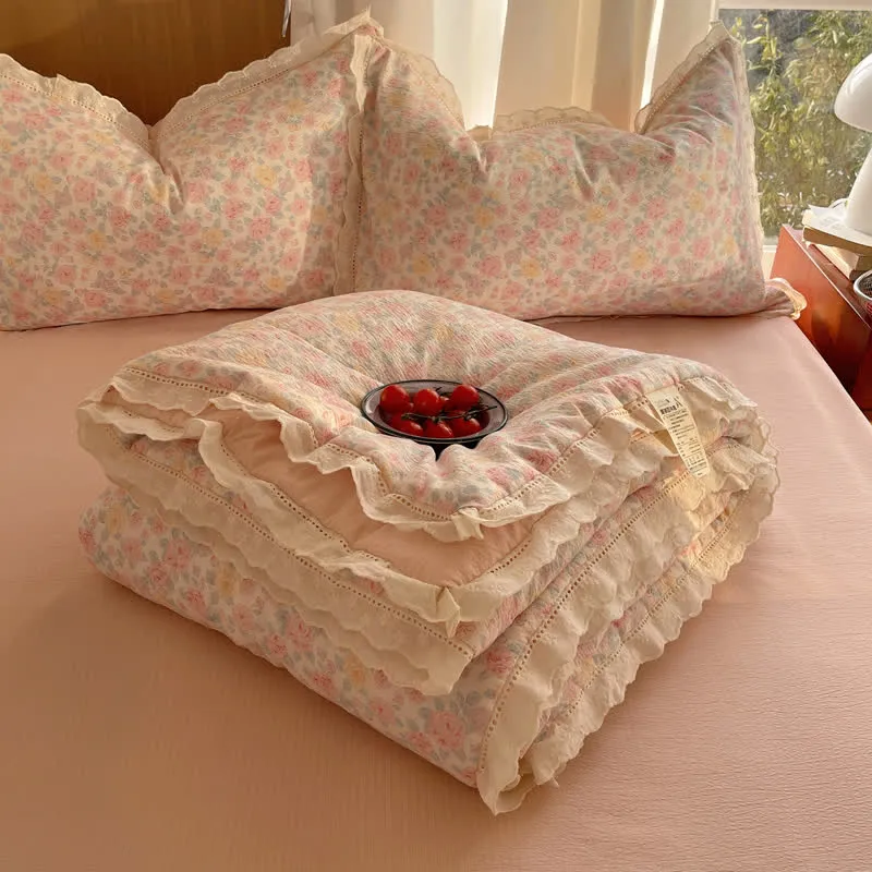 Sommer-Bettwäsche-Set mit Rüschenspitze in zartem Rosa