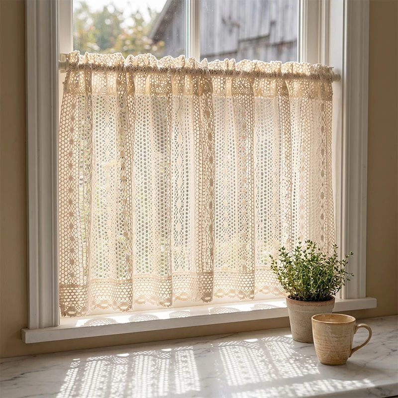Boho-beige gepunktete Häkelvorhang