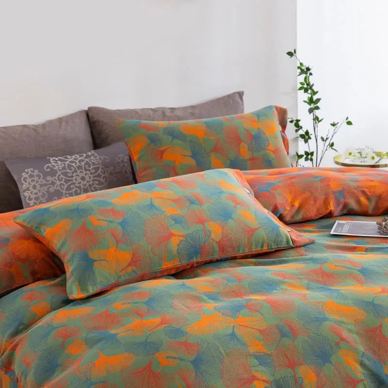 Künstlerisches Bettwäsche-Set aus Baumwollgaze mit Ginkgoblatt-Motiv (4-teilig)