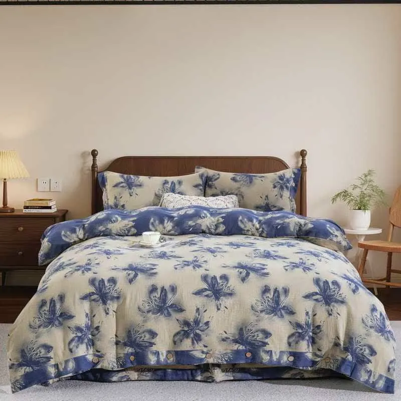 Bettwäsche-Set aus Baumwolle im orientalischen Tintenstil mit Blumenmuster (4-teilig)