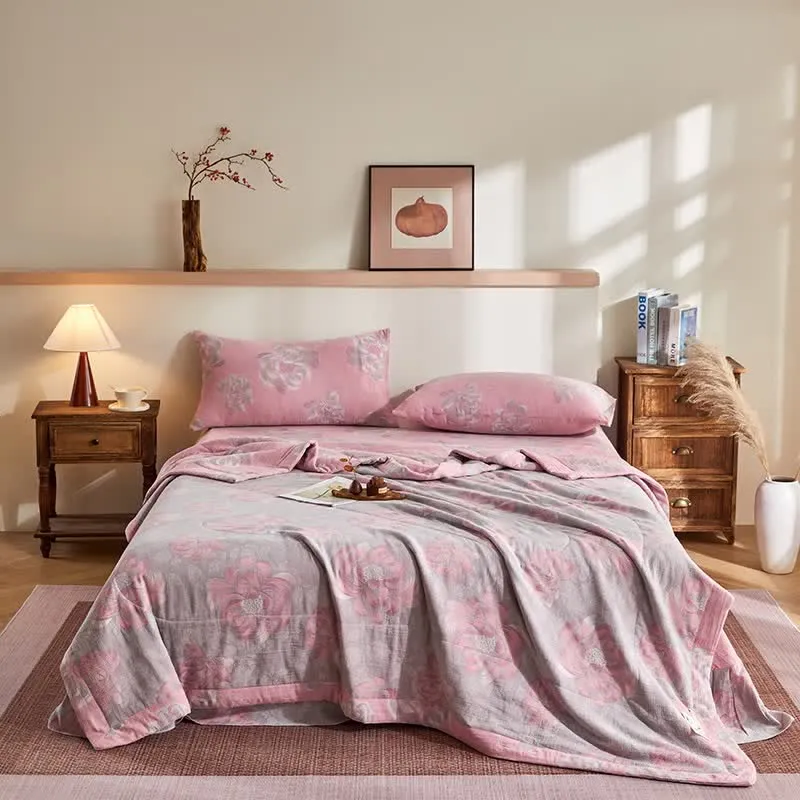 Rustikale Jacquard-Steppdecke aus Baumwollgaze mit Blumenmuster