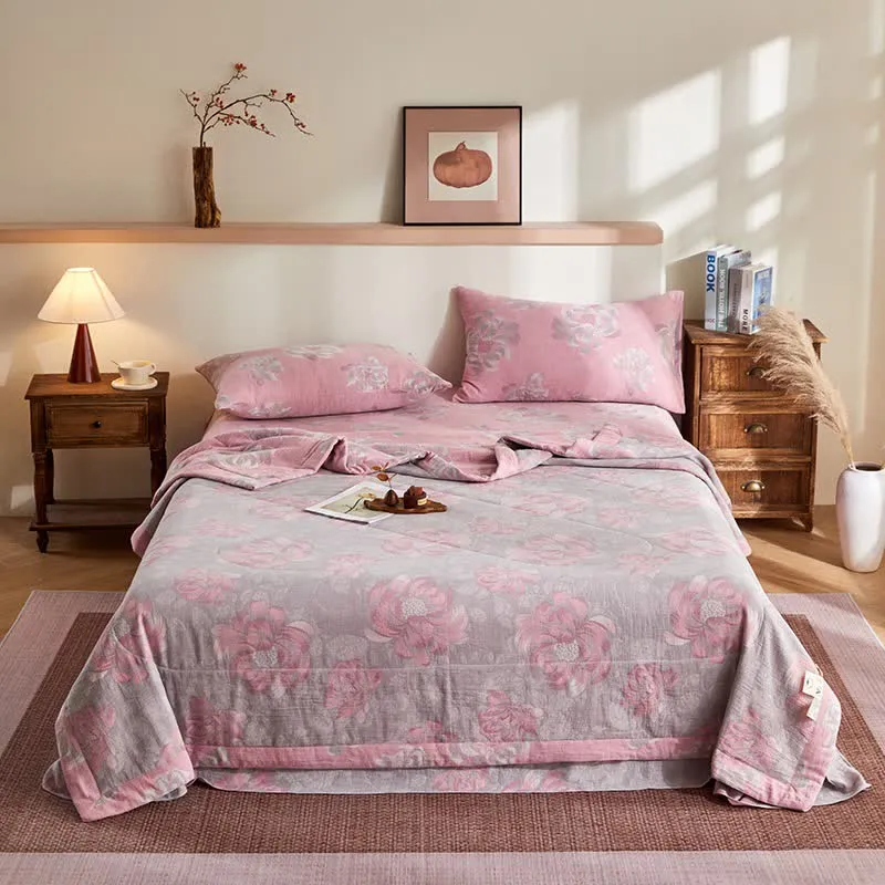 Rustikale Jacquard-Steppdecke aus Baumwollgaze mit Blumenmuster