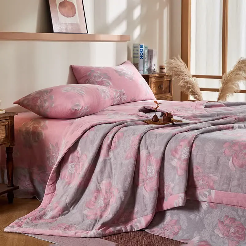 Rustikale Jacquard-Steppdecke aus Baumwollgaze mit Blumenmuster