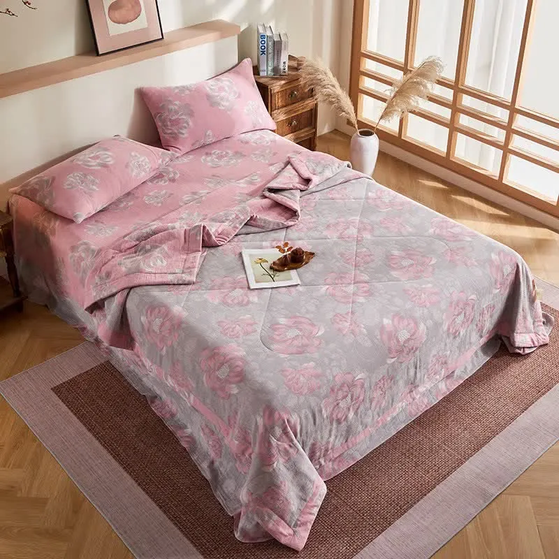 Rustikale Jacquard-Steppdecke aus Baumwollgaze mit Blumenmuster