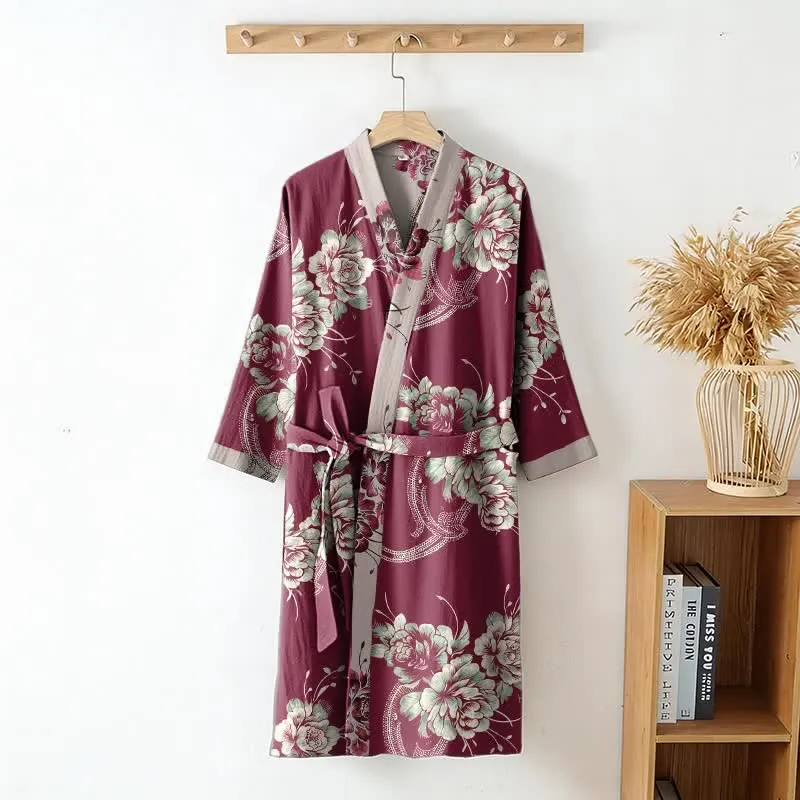 Luxuriöser Kimono-Bademantel aus doppellagigem Baumwollgaze mit Pfingstrosenmuster