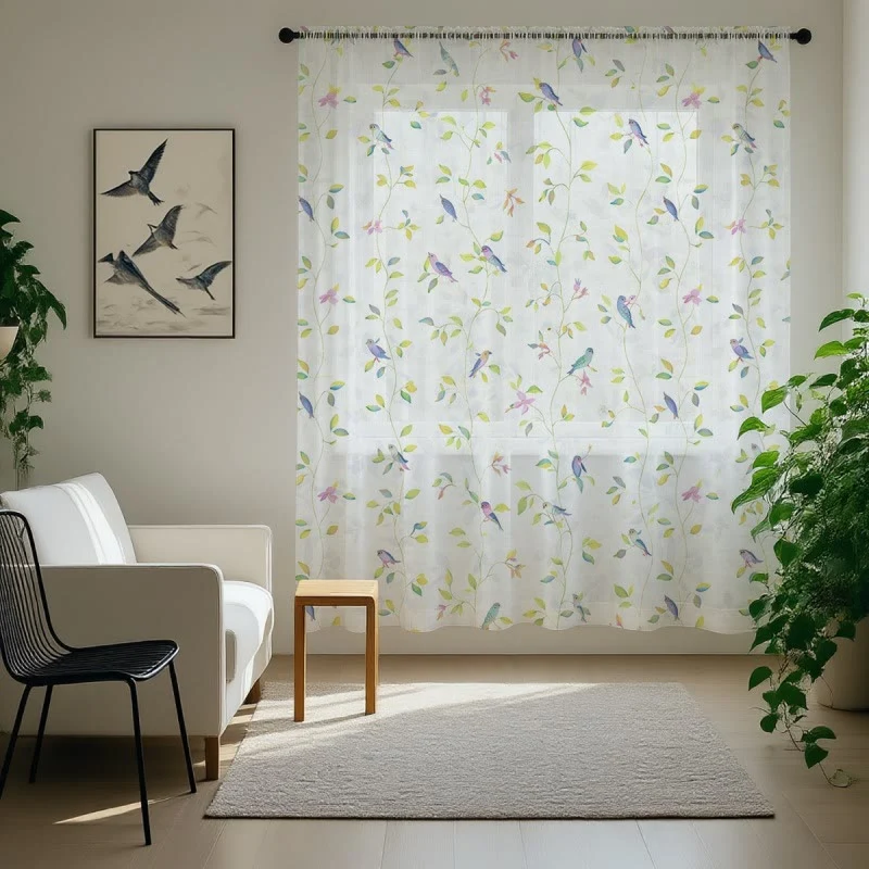 Vorhang im Landhausstil mit Vogel- und Blättermotiv