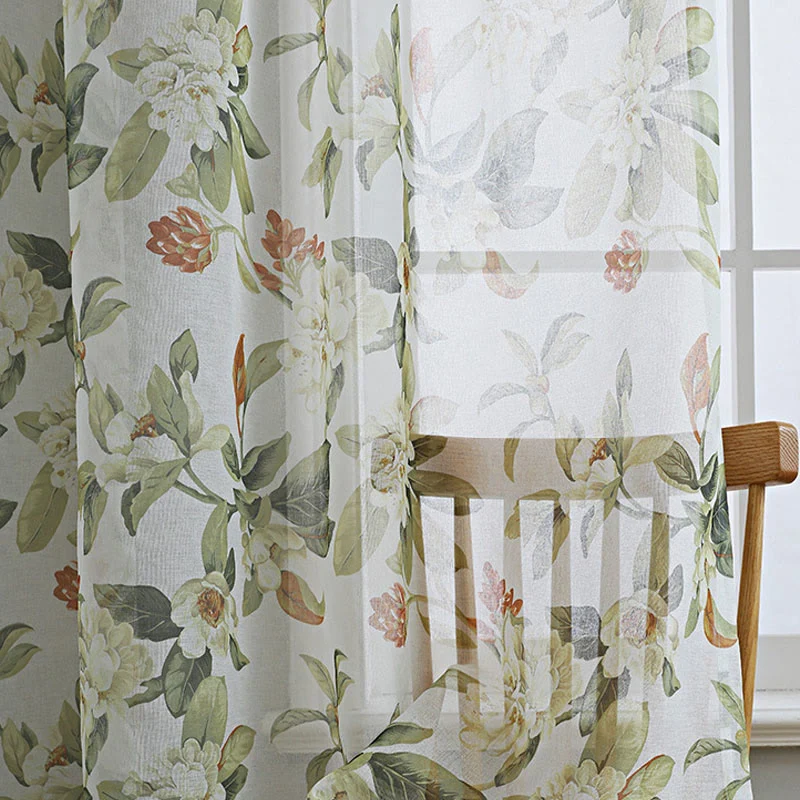 Frischer Vorhang aus Baumwoll-Leinen-Mischgewebe mit Blumenmuster und Stangentasche