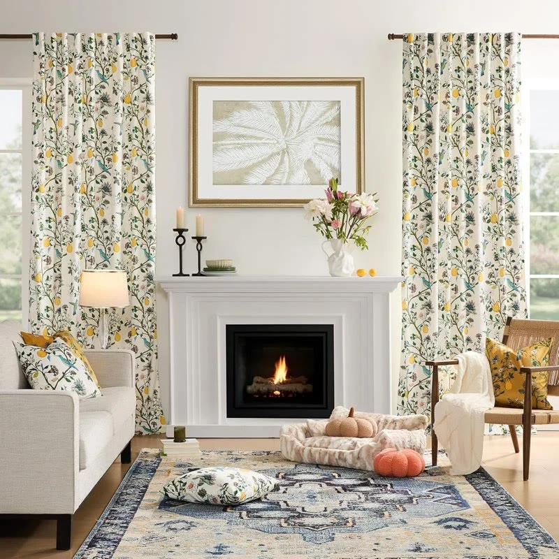 Vintage-Gardine im Landhausstil mit Vogel- und Blumenmotiven