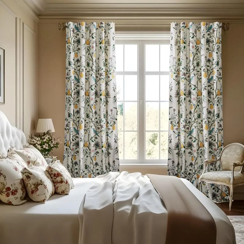 Vintage-Gardine im Landhausstil mit Vogel- und Blumenmotiven
