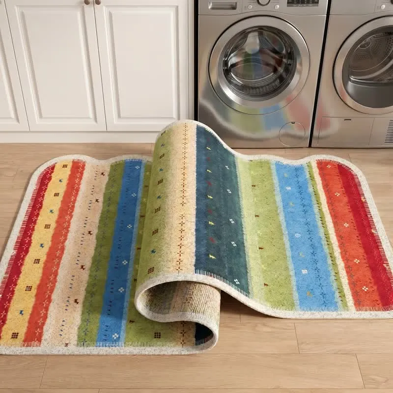 Boho-Regenbogenstreifen-PVC-Teppich mit rutschfester Oberfläche
