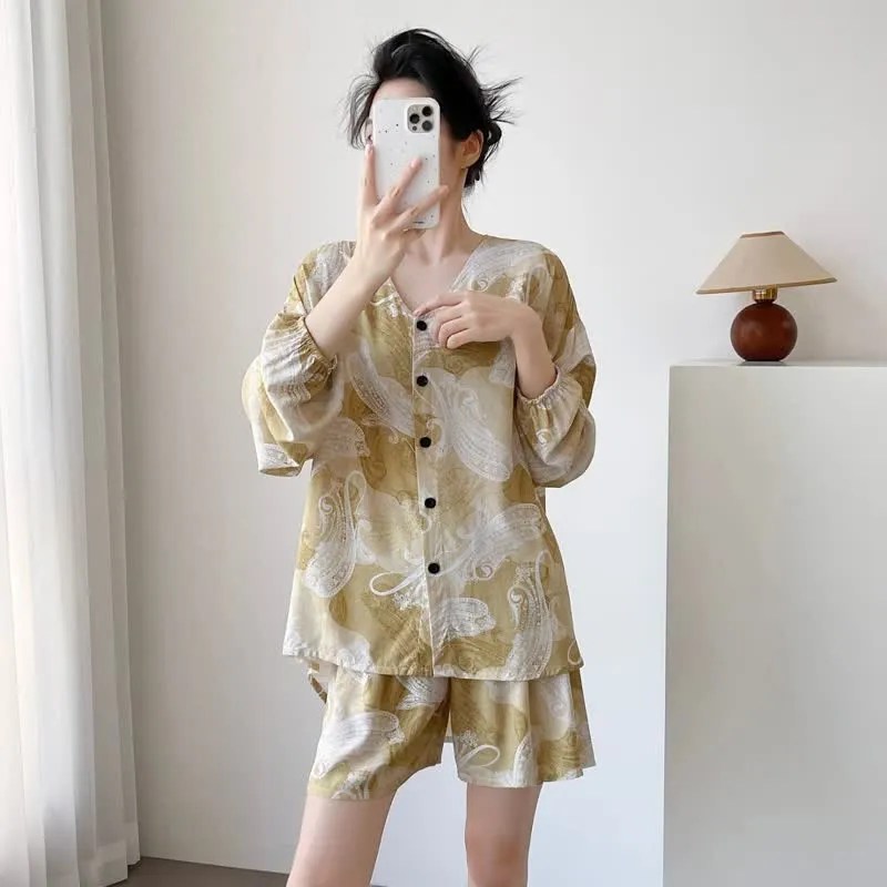 Pyjama-Set mit Paisley-Muster und V-Ausschnitt