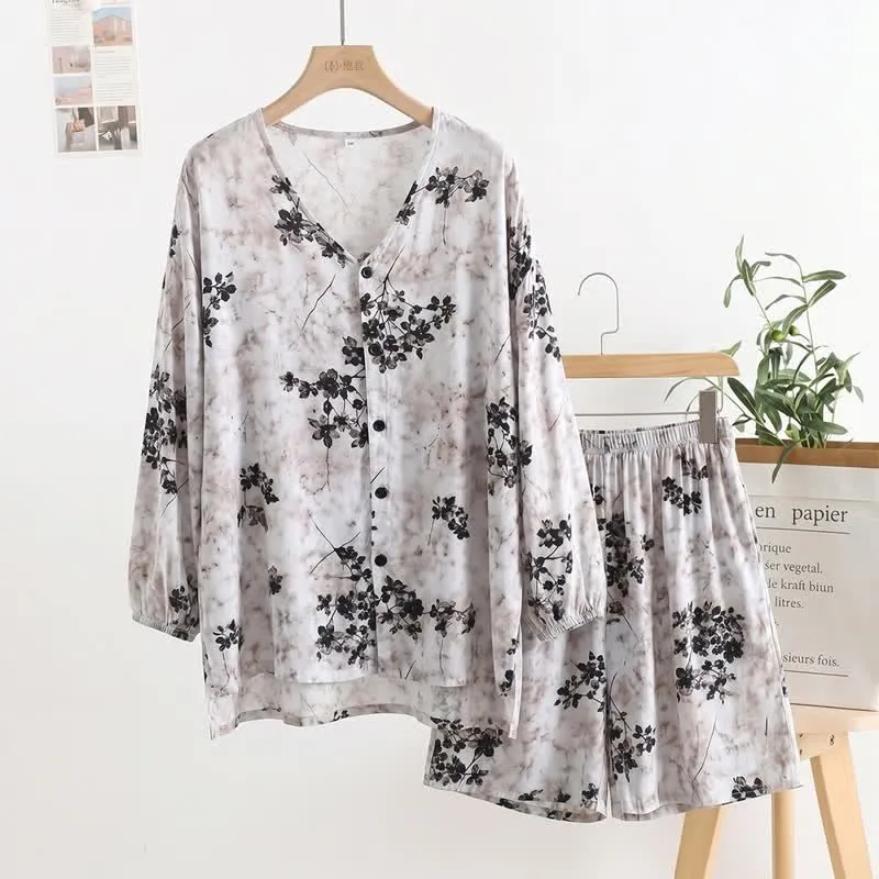 Retro-Pyjama mit Blumenmuster und Knopfleiste für Damen