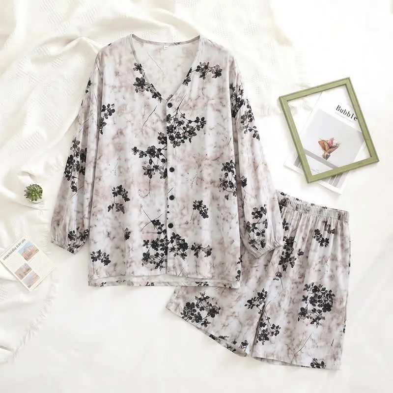 Retro-Pyjama mit Blumenmuster und Knopfleiste für Damen