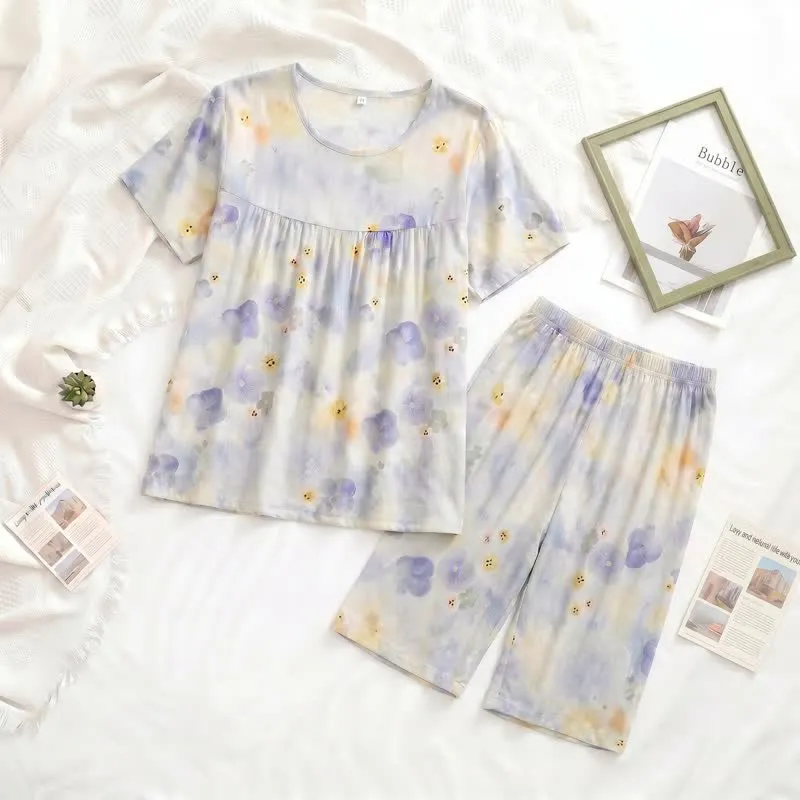 Loungewear-Set in Nebelblau mit Blumenmuster