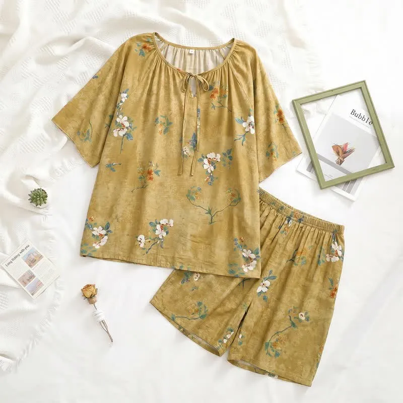 Vintage-Pyjama-Set mit botanischem Blumenmuster und Bindekragen