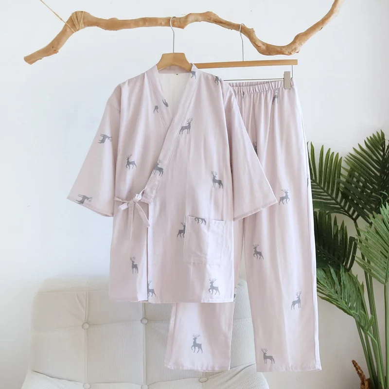Kimono-Set aus Baumwollgaze mit Hirschmotiv