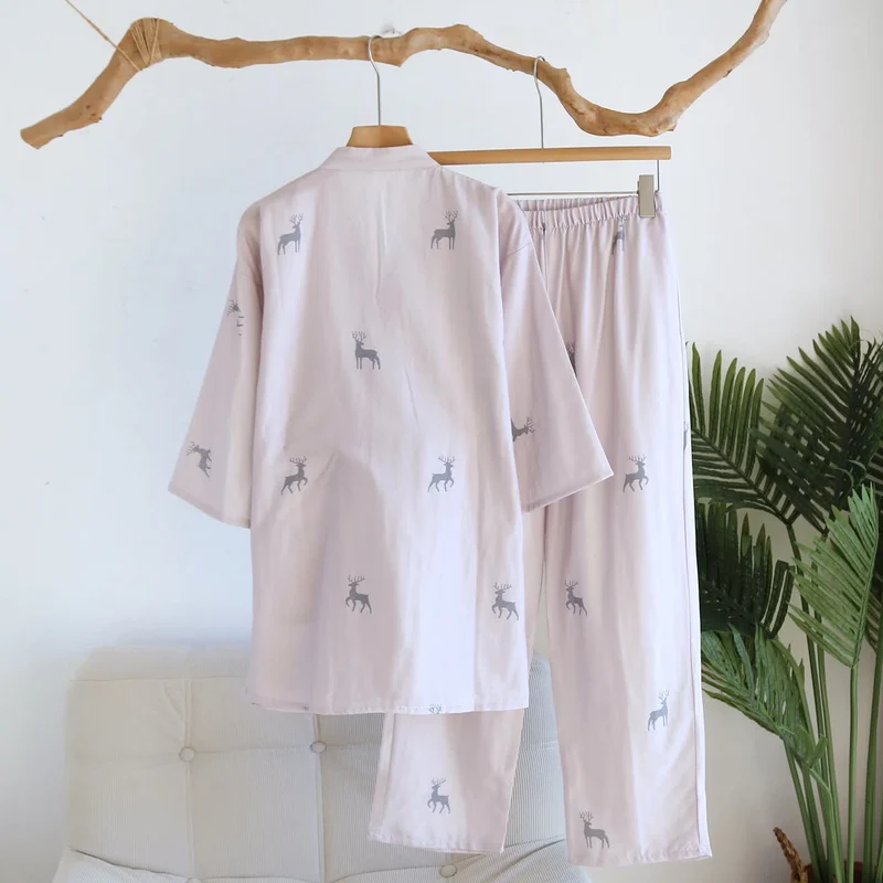 Kimono-Set aus Baumwollgaze mit Hirschmotiv