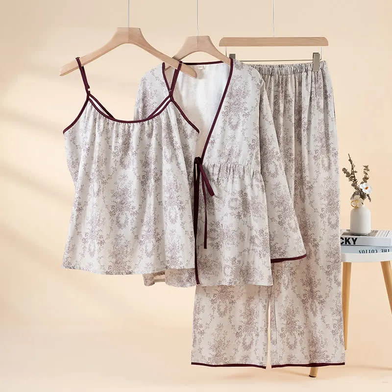 Loungewear-Set aus Baumwolle mit botanischem Print (3-teilig)
