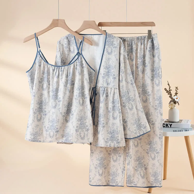 Loungewear-Set aus Baumwolle mit botanischem Print (3-teilig)