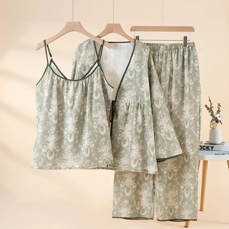 Loungewear-Set aus Baumwolle mit botanischem Print (3-teilig)