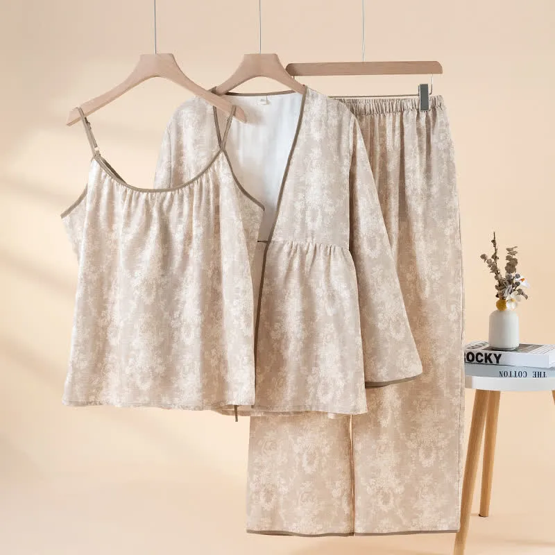 Loungewear-Set aus Baumwolle mit botanischem Print (3-teilig)