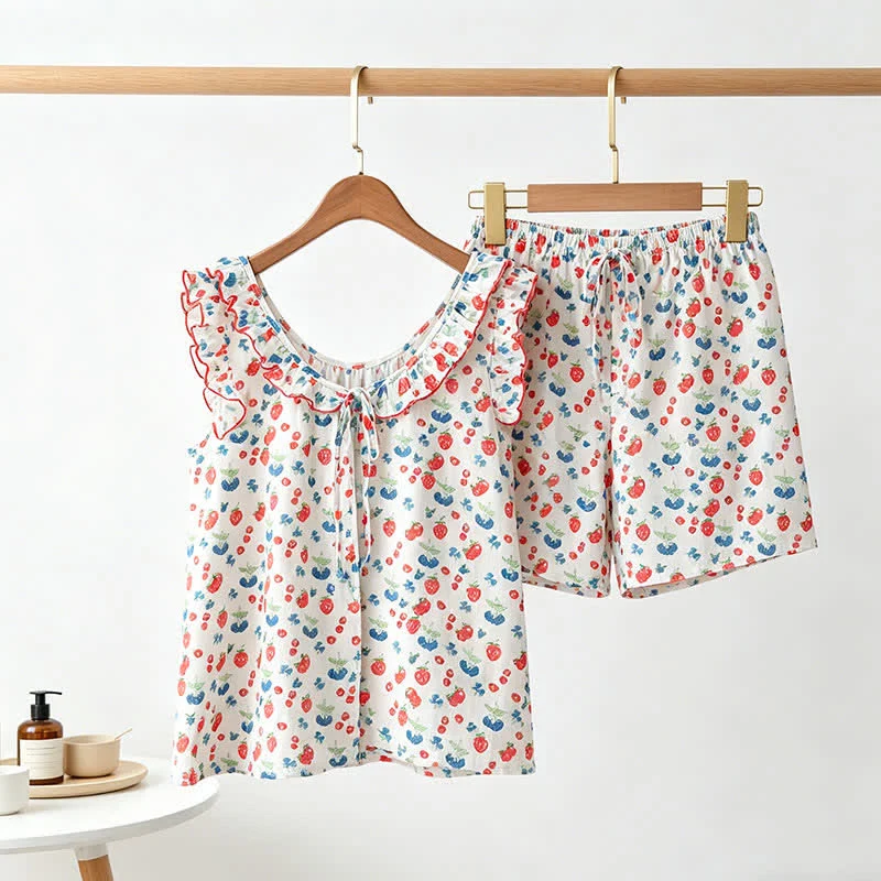 Damenpyjama aus Baumwollgaze mit Rüschen und Früchtemotiven
