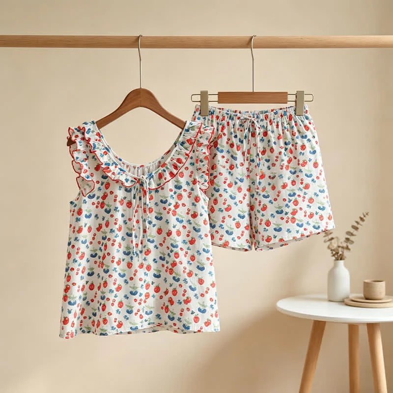 Damenpyjama aus Baumwollgaze mit Rüschen und Früchtemotiven